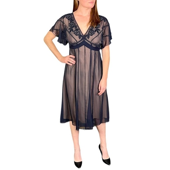 ADRIANNA PAPELL SHEER FLUTTER SLEEVE V NECK BEAD EMBROIDERED COCKTAIL DRESS - Picture 1 of 13